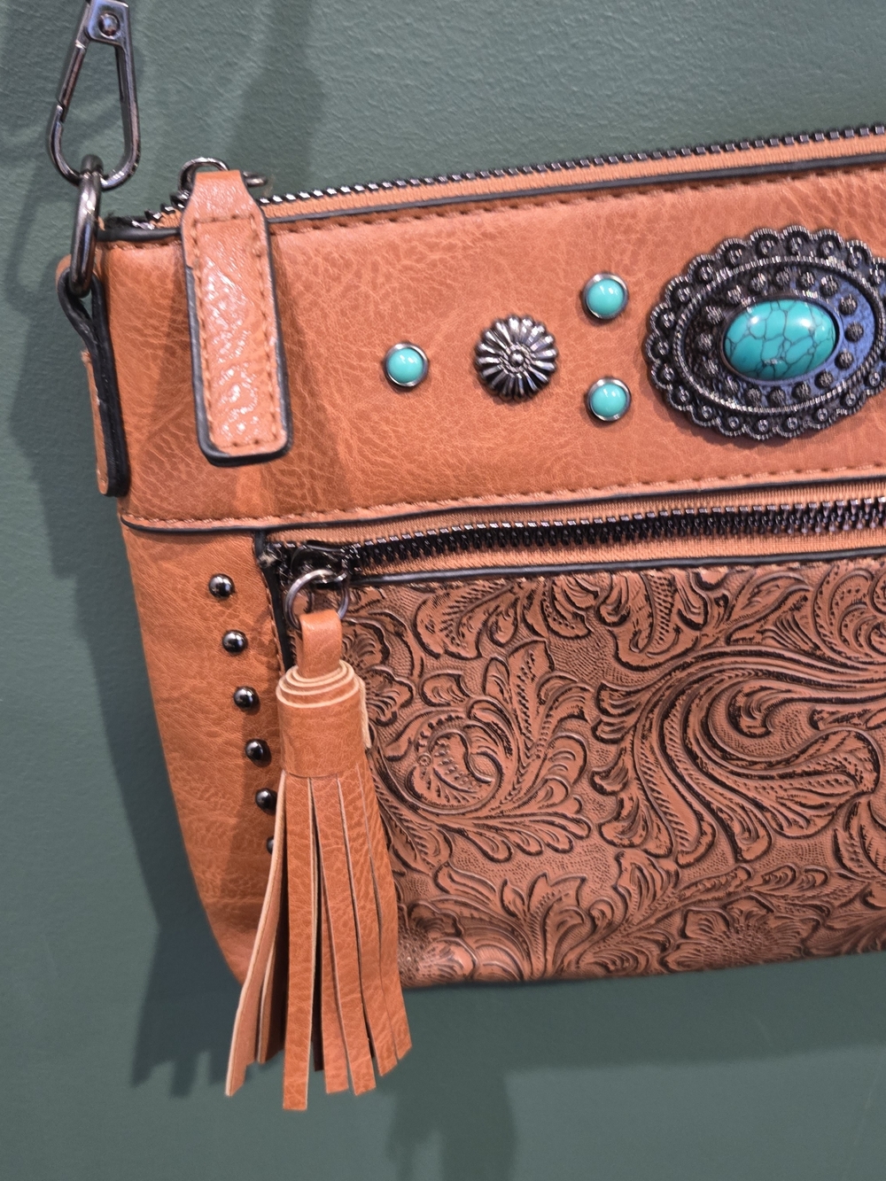 Embossed Tan Crossbody Bag with Turquoise Concho and Tassel